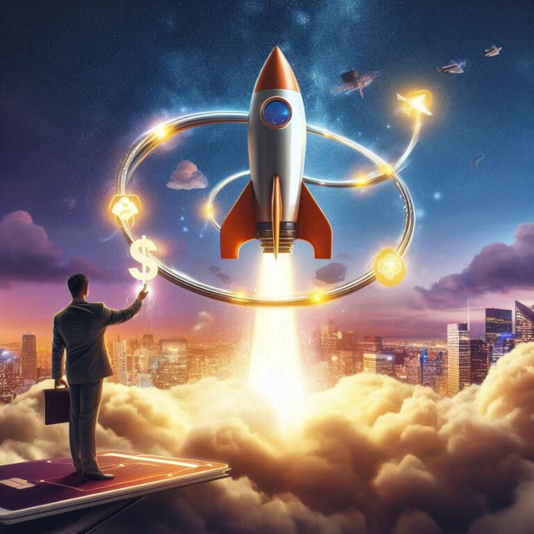 Rocket launching over a city — SkyGuru artwork